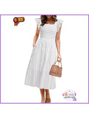 Smocked Midi Dress Flutter Sleeve Cotton Linen A-Line Pockets Casual Summer